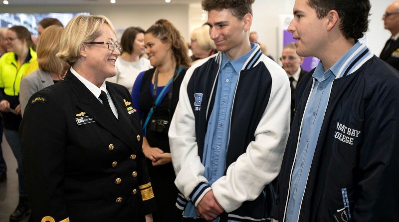 (Left to Right) Head of Maritime Systems Rear Admiral Wendy Malcolm CSM RAN speaks with Year 12 Students Lutkin Steenkamp and Tom Singline at the launch of the Defence Industry Pathway Program in CIVMEC at Henderson shipyard in Western Australia. Story by Captain Angela Bond. Photo by Petty Officer Yuri Ramsey.