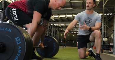 Australian Army avionics technician Corporal Simon Camilleri from 5th Aviation Regiment coaches a soldier through strength and conditioning techniques as a Combat Fitness Leader at RAAF Base Townsville, Queensland. Story by Captain Carolyn Barnett. Photo by Lance Corporal Lisa Sherman.