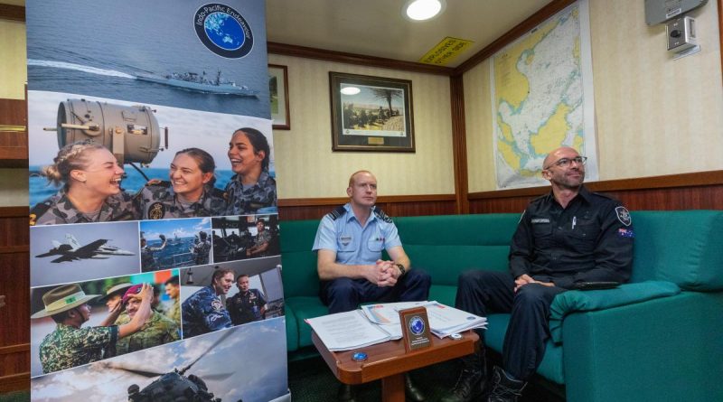 Squadron Leader Chris Hill and Andrew Browne, of the Australian Fisheries Management Authority, attend a virtual workshop on maritime security during a visit to Vietnam. Story by Captain Peter March. Photo by Leading Seaman Nadav Harel.