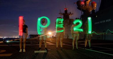 Night operations on board HMAS Canberra during Indo-Pacific 21 gave opportunity for ADF people to spell it it on the flight deck. Photo Leading Seaman Nadev Harel.