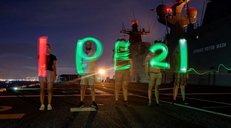 Night operations on board HMAS Canberra during Indo-Pacific 21 gave opportunity for ADF people to spell it it on the flight deck. Photo Leading Seaman Nadev Harel.
