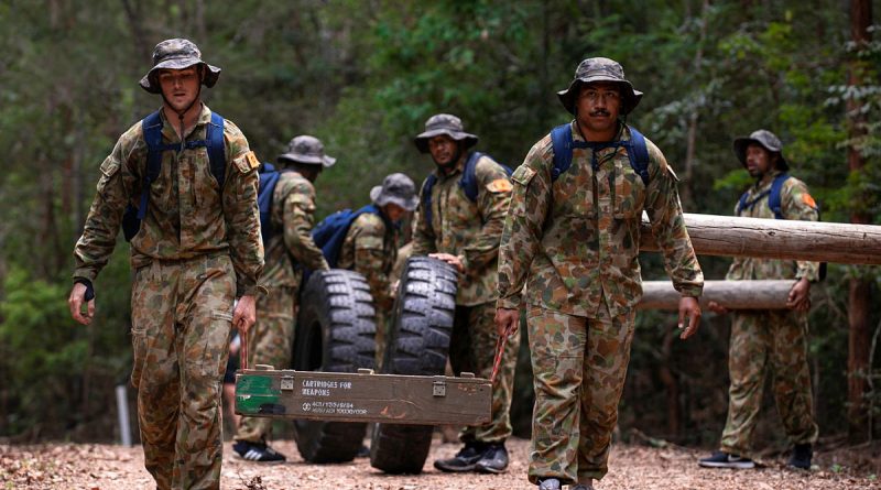 The Queensland Reds rugby team, hosted by the 6th Battalion, Royal Australian Regiment conduct a stores carry during a three-day training camp at Kokoda Barracks, Canungra, Queensland. Story by Captain Jesse Robilliard. Photo by Corporal Nicole Dorrett.
