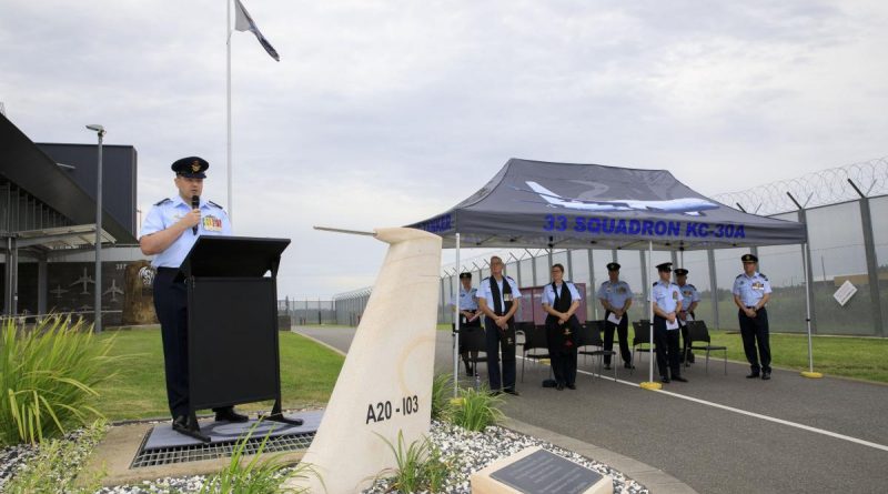 Commanding Officer No. 33 Squadron Wing Commander Neil Bowen at the commemorative service in the Wilberforce memorial garden at RAAF Base Amberley, Queensland. Story by Eamon Hamilton. Photo by CPL Brett Sherriff.