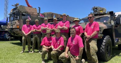 Soldiers from the 7th Combat Service Support Battalion at Redcliffe Showgrounds after taking part in the Brisbane Convoy for Kids. Story and photo by Captain Jesse Robilliard.