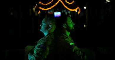 Royal Australian Navy Petty Officer (PO) Mark ‘Butts’ Butler (left) and Australian Army Signaller (SIG) James ‘Devs’ Devlin work together to produce a weekly podcast while deployed in the Middle East region. Story by Flight Lieutenant Clarice Hurren. Photo by Sergeant Glen McCarthy.