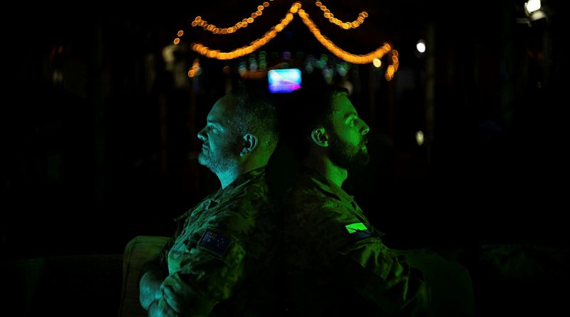 Royal Australian Navy Petty Officer (PO) Mark ‘Butts’ Butler (left) and Australian Army Signaller (SIG) James ‘Devs’ Devlin work together to produce a weekly podcast while deployed in the Middle East region. Story by Flight Lieutenant Clarice Hurren. Photo by Sergeant Glen McCarthy.