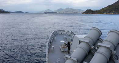 HMAS Warramunga sails astern of Japanese Maritime Self-Defense Force ship JS Inazuma as the two ships conduct a transit in-company after departing Kure, Japan to conduct exercise Nichi-gou Trident. Photo by Petty Officer Yuri Ramsey.