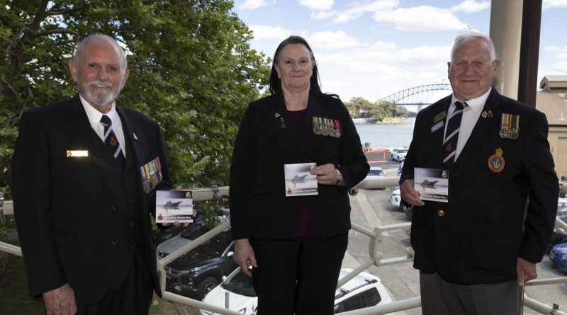 Naval Association of Australia National President David Manolas, Vice President Lorraine Grey and NSW Section President Keith Grimley hold 'Once Navy, Always Navy' commemorative compact discs featuring the new recording.