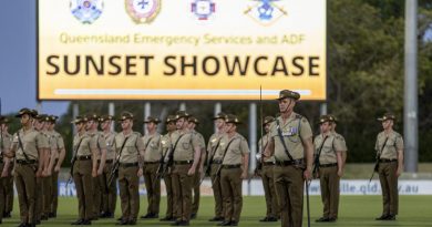 Soldiers and officers from the 1st Battalion, The Royal Australian Regiment on parade during the Queensland Emergency Services and ADF Sunset Showcase at Riverway Stadium, Townsville. Story by Captain Diana Jennings. Photo by Corporal Brandon Grey.