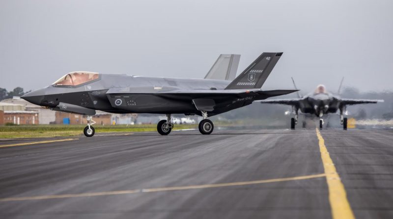 New F-35A Lightning II aircraft taxi to the lines at RAAF Base Williamtown in NSW. Story by Flying Officer Bronwyn Marchant. Photo by Corporal Craig Barrett.