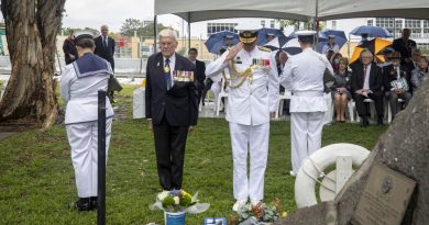 Rear Admiral Guy Griffiths AO, DSO, DSC, RAN (Ret’d) and Rear Admiral Mark Hammond, AM, RAN lay wreaths during the HMAS Parramatta II memorial service held at Queen's Wharf Reserve, Parramatta. Story by Lieutenant Brendan Trembath. Photo by Leading Seaman Leo Baumgartner.