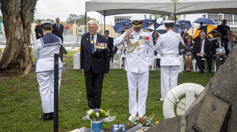 Rear Admiral Guy Griffiths AO, DSO, DSC, RAN (Ret’d) and Rear Admiral Mark Hammond, AM, RAN lay wreaths during the HMAS Parramatta II memorial service held at Queen's Wharf Reserve, Parramatta. Story by Lieutenant Brendan Trembath. Photo by Leading Seaman Leo Baumgartner.