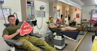 Corporal Aaron Hopgood, left, and Lance Corporal Matthew Bosman, of the 16th Regiment, Royal Australian Artillery, relax after donating blood at an Australian Red Cross Lifeblood mobile donor centre at Woodside Barracks, South Australia. Story by Captain Evita Ryan.