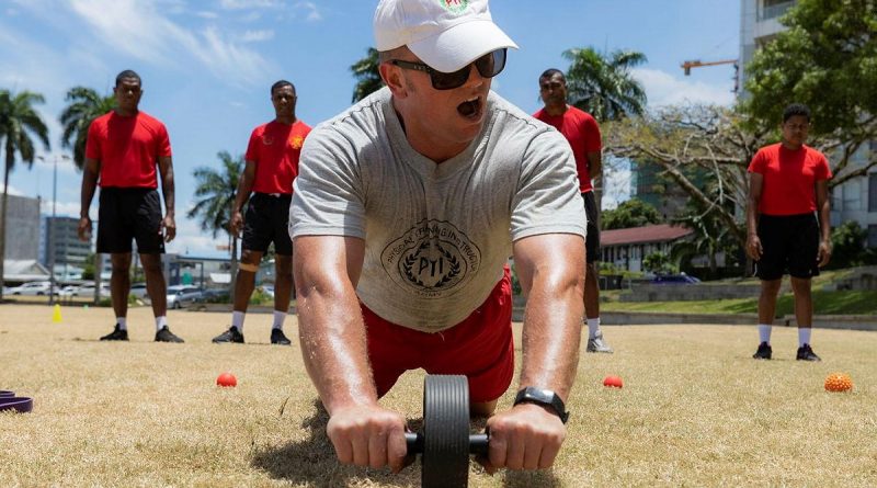 Sergeant Cameron Scales delivers a physical training lesson for members of the Republic of Fiji Military Forces during Exercise Coral Warrior 2021 in Fiji. Story by Captain Dan Mazurek. Photo by Corporal Sagi Biderman.