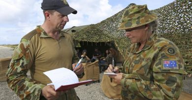 Royal Australian Air Force gender adviser Flight Sergeant Dean Maher provides guidance and advice to Sergeant Rebecca Hass on gender in military operations, as part of Exercise Cope North 19, Baker Airfield, Tinian Island. Story by Leading Seaman Kylie Jagiello. Photo by Sergeant Kirk Peacock.