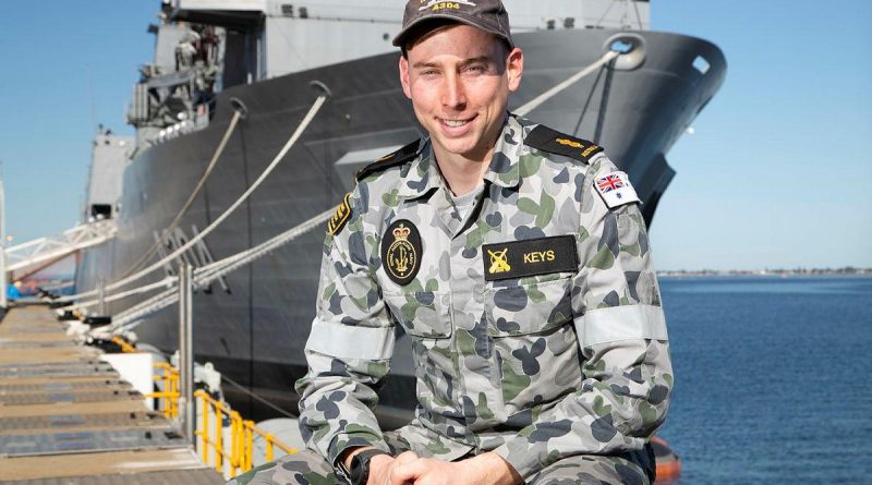 ble Seaman Joshua Keys in front of NUSHIP Stalwart at Fleet Base West in Western Australia. Story by Lieutenant Laura Frayling. Photo by Chief Petty Officer Damian Pawlenko.
