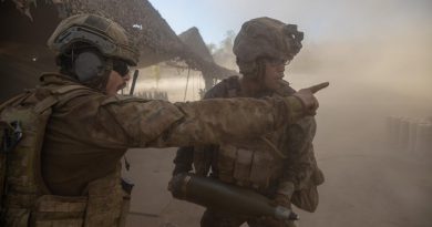 Australian Army Bombardier Damian Williams, left, confirms the ammunition type with United States Marine Corps Lance Corporal Kevin Matias during a live-fire activity as part of Exercise Koolendong. Story by Lieutenant Gordon Carr-Gregg. Photo by Corporal Rodrigo Villablanca.