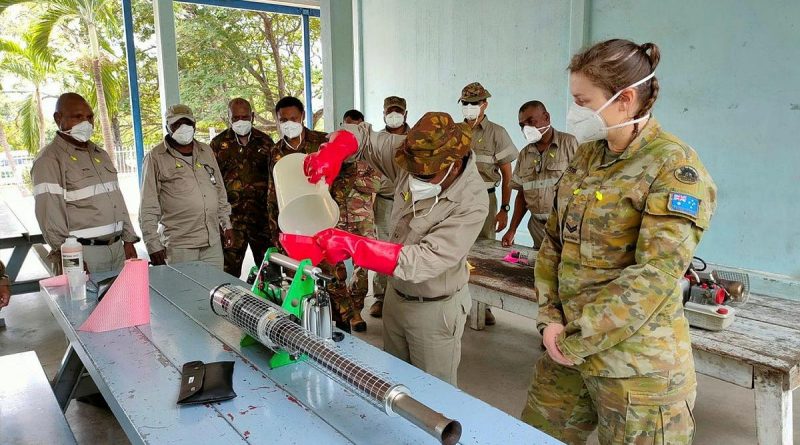 Corporal Georgie Estens delivers environmental health training to Papua New Guinea Defence Force personnel at Taurama Barracks, Papua New Guinea. Story by Captain Michael Trainor.