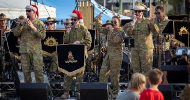 Musicians from the Australian Army Band Brisbane and Band of the 1st Regiment, Royal Australian Artillery, perform at Carols on El Alamein at Gallipoli Barracks in 2019. Story by Captain Jesse Robilliard. Photo by Trooper Jonathan Goedhart.