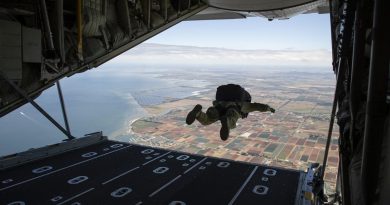 An Australian Army special operations forces soldier conducts a military free-fall parachute jump from a Royal Australian Air Force C-130J Hercules aircraft near RAAF Base Williams. Story by Major Darren Elder. Photo by Sergeant Jake Sims.