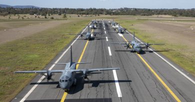 C-27J Spartan aircraft from No. 35 Squadron on the cross-strip runway prior to take off, at RAAF Base Amberley, Queensland. Story by Eamon Hamilton and Flying Officer Lily Lancaster. Photo by Leading Aircraftwoman Emma Schwenke.