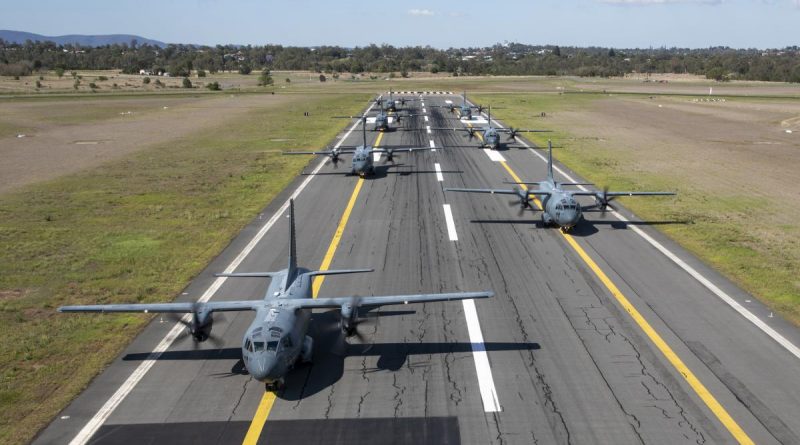 C-27J Spartan aircraft from No. 35 Squadron on the cross-strip runway prior to take off, at RAAF Base Amberley, Queensland. Story by Eamon Hamilton and Flying Officer Lily Lancaster. Photo by Leading Aircraftwoman Emma Schwenke.