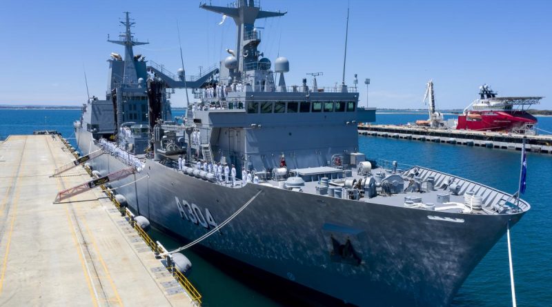 The crew of HMAS Stalwart line the ship's upper decks during its commissioning ceremony at Fleet Base West, Rockingham. Story by Lieutenant Gary McHugh. Photo by Leading Seaman Richard Cordell.