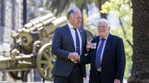 James Unkles presents George Witton's service medals to Witton descendant Brian Turley. Photo supplied by James Unkles.