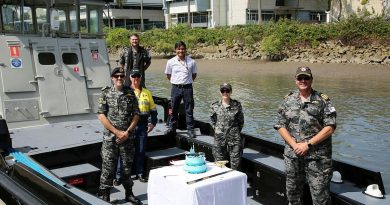 (L-R) LCDR Kevin Whatling, Naval Architect Mr Marc Richards, CHAP Bradley Galvin, Serco Marine Services Juan Camilo Ruiz Del Rio, Hydrographic Systems Operator Suzanne Burton and CO HMAS Cairns CMDR Glenn Williams on Naval Workboat Otter at HMAS Cairns. Story by Lieutenant Gordon Hutcheon.