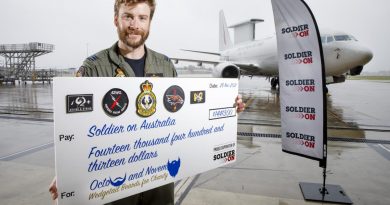 Flight Lieutenant Brendan Campbell with a cheque for funds raised for Soldier On. Story by Flight Lieutenant Brendan Campbell. Photo by Corporal Craig Barrett.