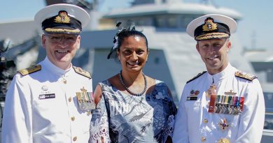 Commodore Steve Tiffin, Nova Perris and Vice Admiral Michael Noonan at the launch of NUSHIP Arafura. Photo supplied by Luerssen.