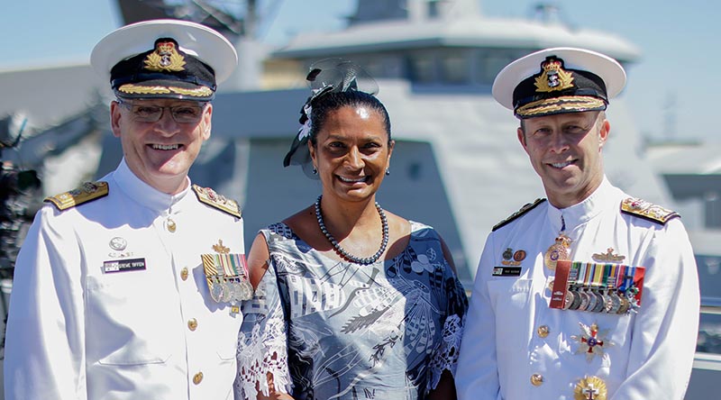 Commodore Steve Tiffin, Nova Perris and Vice Admiral Michael Noonan at the launch of NUSHIP Arafura. Photo supplied by Luerssen.