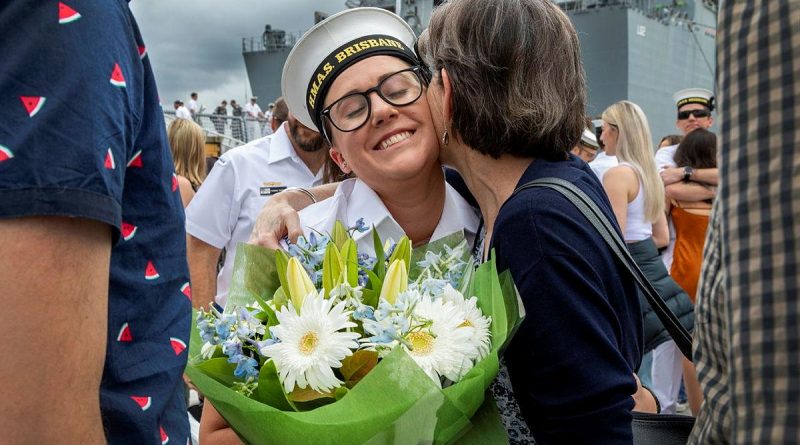 Seaman Cloe Reichelt is welcomed by her mother at Fleet Base East, Sydney, after HMAS Brisbane returned to her home port at the end of a three-month deployment. Story by Lieutenant Nancy Cotton. Photo by Able Seaman Susan Mossop.