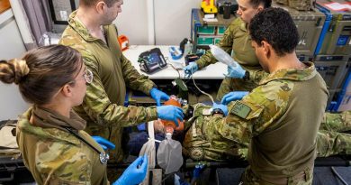 The Australian Army medical team from Joint Task Group 637.3 treat a New Zealand Defence Force simulated patient during a casualty evacuation exercise at the Royal Solomon Islands Police Force Headquarters, Rove. Story and photo by Major Jillian Joyce