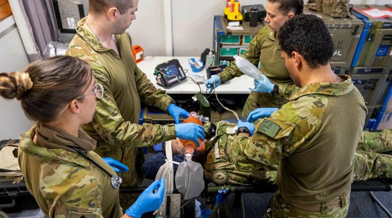 The Australian Army medical team from Joint Task Group 637.3 treat a New Zealand Defence Force simulated patient during a casualty evacuation exercise at the Royal Solomon Islands Police Force Headquarters, Rove. Story and photo by Major Jillian Joyce