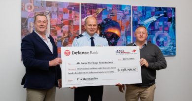 CEO of The Air Force Shop Stephen Davie, left, Director General Air Force 2021 Air Commodore Andrew Elfverson and General Manager TLA Merchandise Terry Wilson at the presentation of funds raised through Air Force centenary merchandise sales. Story by Squadron Leader Bruce Chalmers.