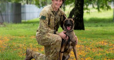 Leading Aircraftman Nicholas Catling and Military Working Dog Ben at RAAF Security and Fire School, RAAF Base Amberley. Story by Flight Lieutenant Julia Ravell. Photo by Leading Aircraftwoman Emma Schwenke.