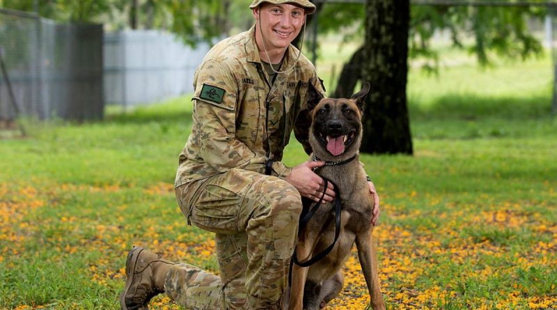 Leading Aircraftman Nicholas Catling and Military Working Dog Ben at RAAF Security and Fire School, RAAF Base Amberley. Story by Flight Lieutenant Julia Ravell. Photo by Leading Aircraftwoman Emma Schwenke.