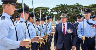 Governor-General General (retd) David Hurley inspects the graduating officers of the RAAF Initial Officer Course 06/21, escorted by parade commander Pilot Officer David Darnell at RAAF Base Point Cook. Story by Flight Lieutenant Julia Ravell. Photo by Leading Seaman James McDougall.