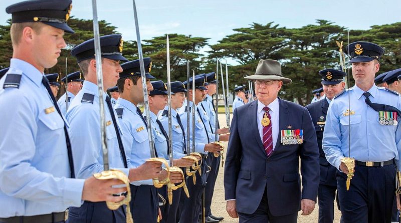 Governor-General General (retd) David Hurley inspects the graduating officers of the RAAF Initial Officer Course 06/21, escorted by parade commander Pilot Officer David Darnell at RAAF Base Point Cook. Story by Flight Lieutenant Julia Ravell. Photo by Leading Seaman James McDougall.