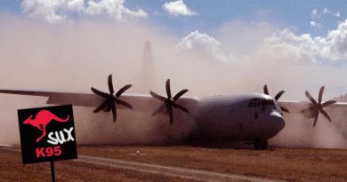 A C-130J Hercules of No. 37 Squadron creates a dust cloud during a landing at Sam Hill Airfield in Queensland, during Exercise Precision Red. Photo by Flying Officer Eamon Hamilton.