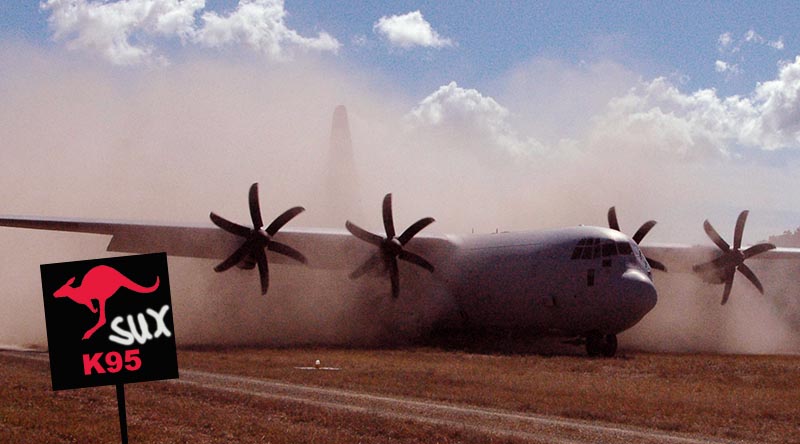 A C-130J Hercules of No. 37 Squadron creates a dust cloud during a landing at Sam Hill Airfield in Queensland, during Exercise Precision Red. Photo by Flying Officer Eamon Hamilton.