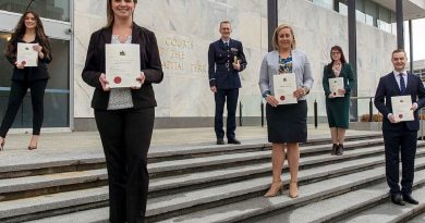 Pilot Officer Rachel Ibbotson, Flight Lieutenant Felicity Shearer, ADF Director General Legal Air Commodore Patrick Keane, Squadron Leader Courtney Westphal, Pilot Officer Allisha Harvey and Pilot Officer Jarrad Salmon. Story by Flight Lieutenant Jessica Aldred. Photo by Private Jacob Joseph.