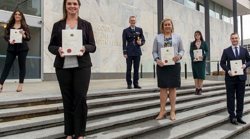 Pilot Officer Rachel Ibbotson, Flight Lieutenant Felicity Shearer, ADF Director General Legal Air Commodore Patrick Keane, Squadron Leader Courtney Westphal, Pilot Officer Allisha Harvey and Pilot Officer Jarrad Salmon. Story by Flight Lieutenant Jessica Aldred. Photo by Private Jacob Joseph.