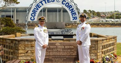 Commanding Officer Naval Headquarters Tasmania Commander Andrew Wright and Commanding Officer HMAS Launceston Lieutenant Commander Nicholas Graney at the Teddy Sheean VC memorial in Ulverstone, Tasmania. Story by Petty Officer Ian McGiffen.