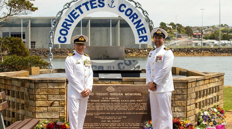 Commanding Officer Naval Headquarters Tasmania Commander Andrew Wright and Commanding Officer HMAS Launceston Lieutenant Commander Nicholas Graney at the Teddy Sheean VC memorial in Ulverstone, Tasmania. Story by Petty Officer Ian McGiffen.