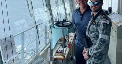Maritime warfare officer Sub Lieutenant Jacques de Villiers on watch on HMAS Sirius’ bridge with his father Bertus during the family cruise. Story by Sub Lieutenant Lachlan Rowe.