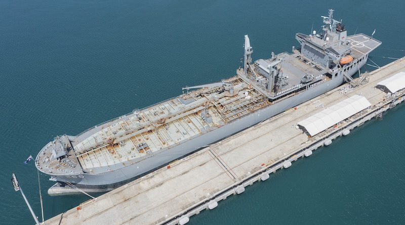 Ship's Company line the deck during HMAS Sirius' Decommissioning at Fleet Base West, Western Australia. Photo by Petty Officer Yuri Ramsey.