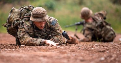 Sapper Brandon Subloo, of the 2nd Combat Engineer Regiment, navigates his section out of a simulated mine explosion serial during the a Military Skills competition at Gallipoli Barracks, Brisbane. Story by Captain Jesse Robilliard. Photo by Corporal Nicole Dorrett.