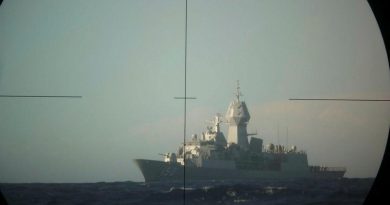 HMAS Anzac is photographed by a Submarine Advanced Warfare Course student through the periscope from HMAS Rankin during an anti-submarine warfare training activity conducted as part of Exercise Zeehond in the Western Australian Exercise area.